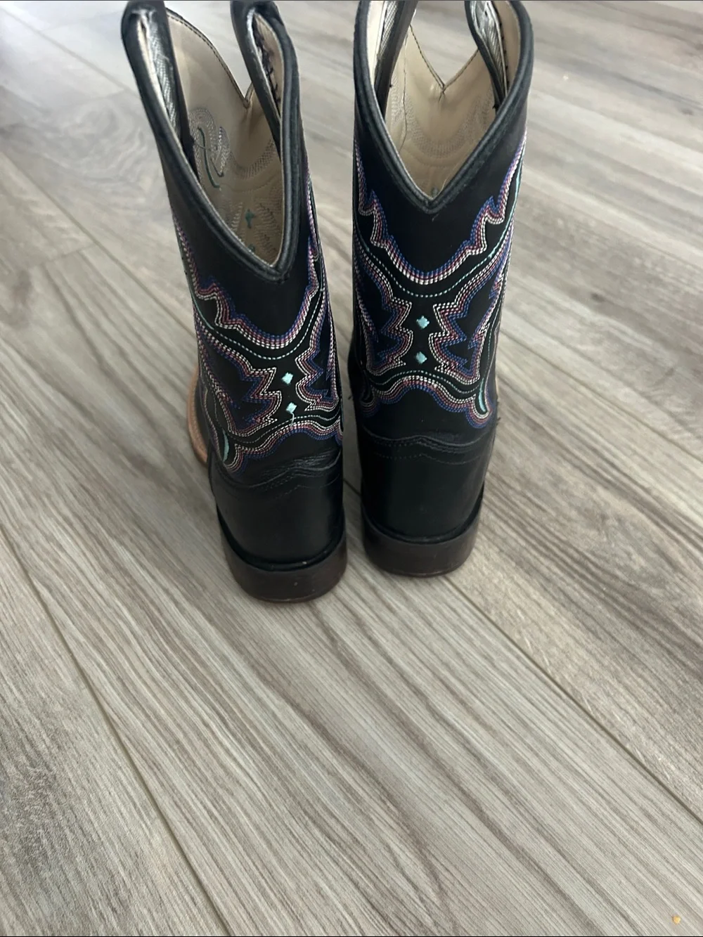 Kids Black Western Pull-On Boots with Colorful Embroidered Accents
